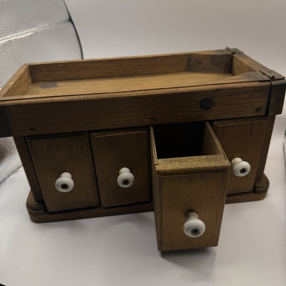 Vintage Handcrafted Wooden Gothic Apothecary / Spice / Tea Chest Of 4 Drawers